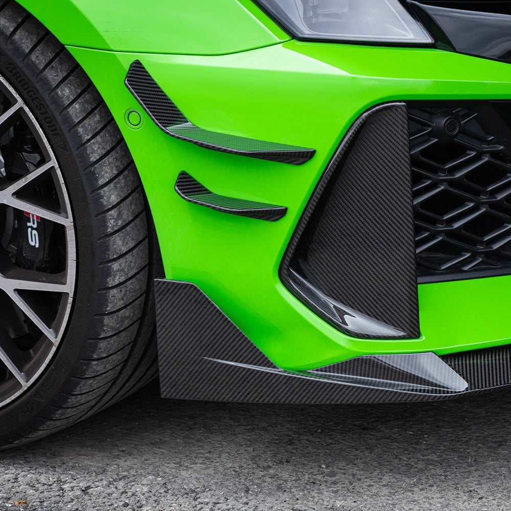 SOOQOO carbon fibre front canards on Audi RS3 (8Y), side corner close-up view
