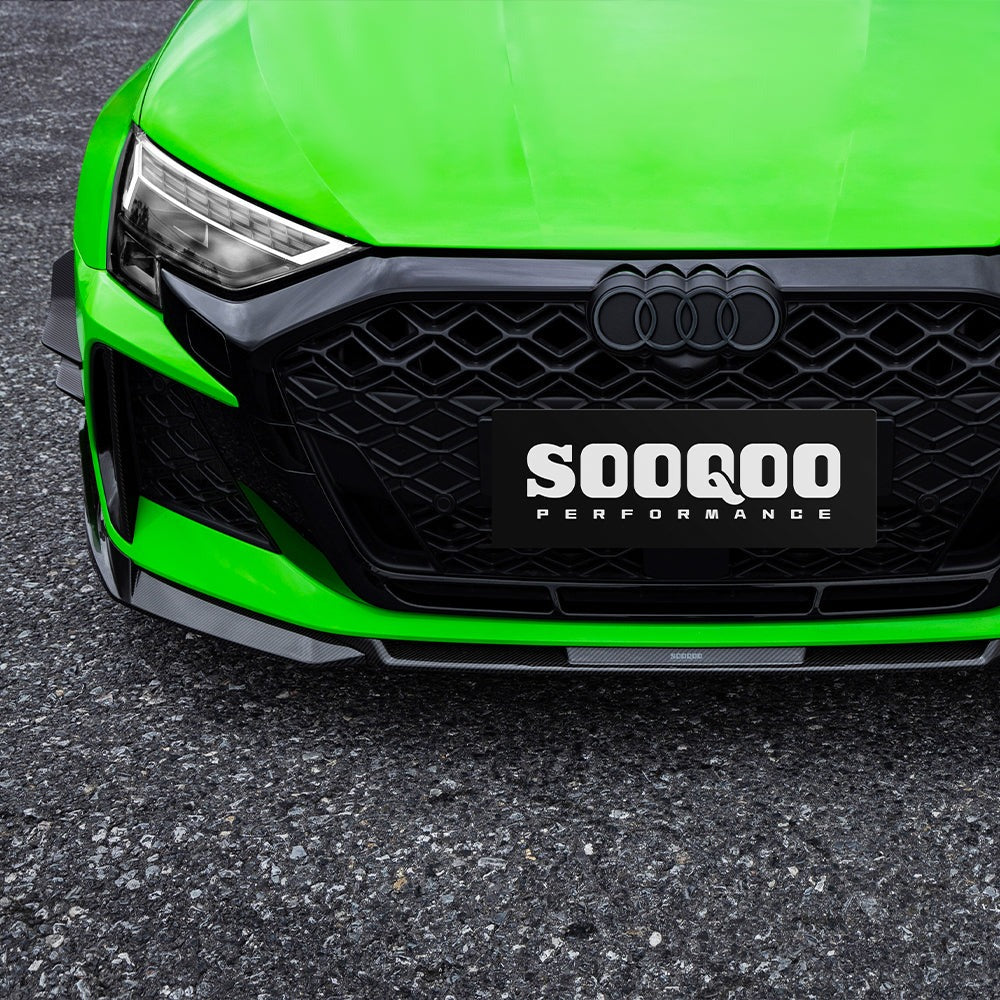SOOQOO carbon fibre front lip on Audi RS3 (8Y), close-up front bumper detail