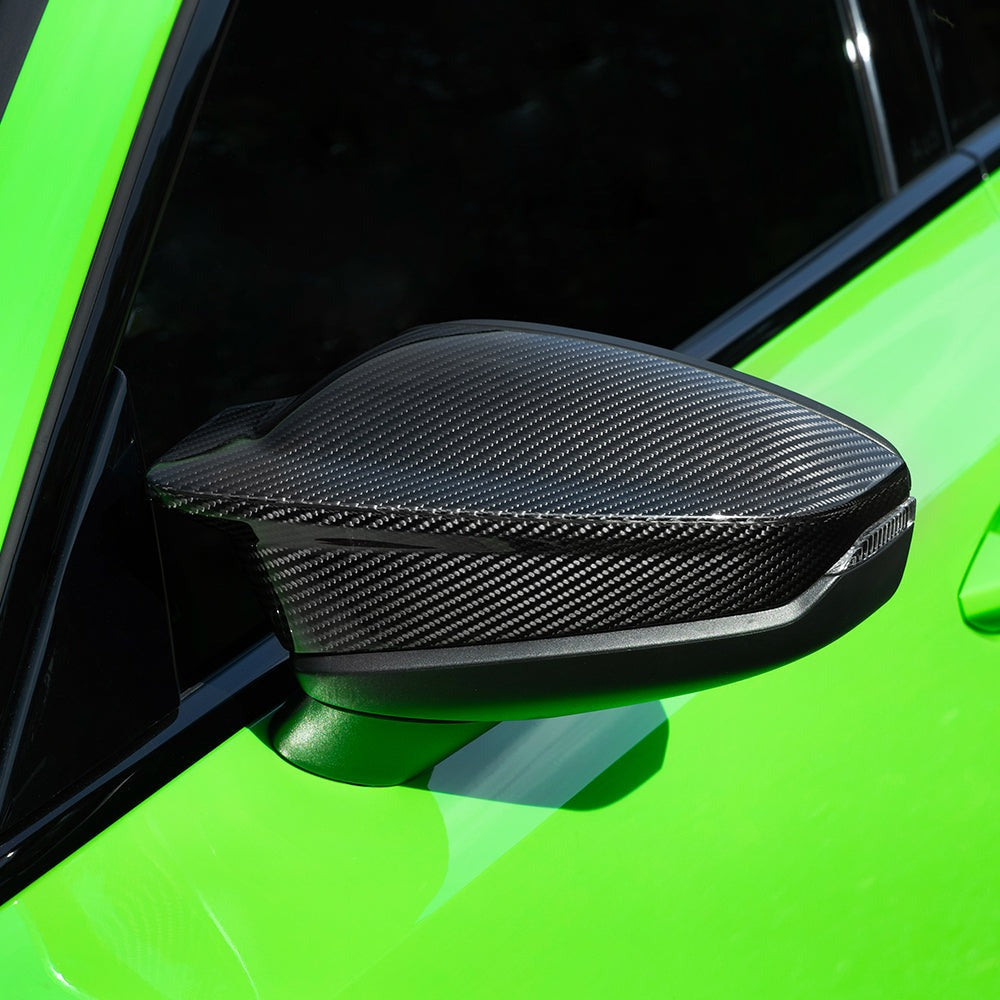 SOOQOO carbon fibre mirror covers installed on Audi RS3 (8Y), driver-side close-up
