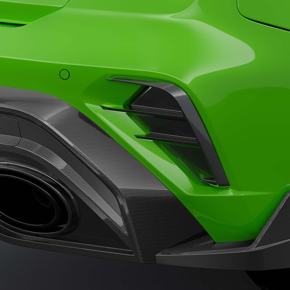 SOOQOO carbon fibre rear bumper inserts on Audi RS3 (8Y), rear bumper close-up detail