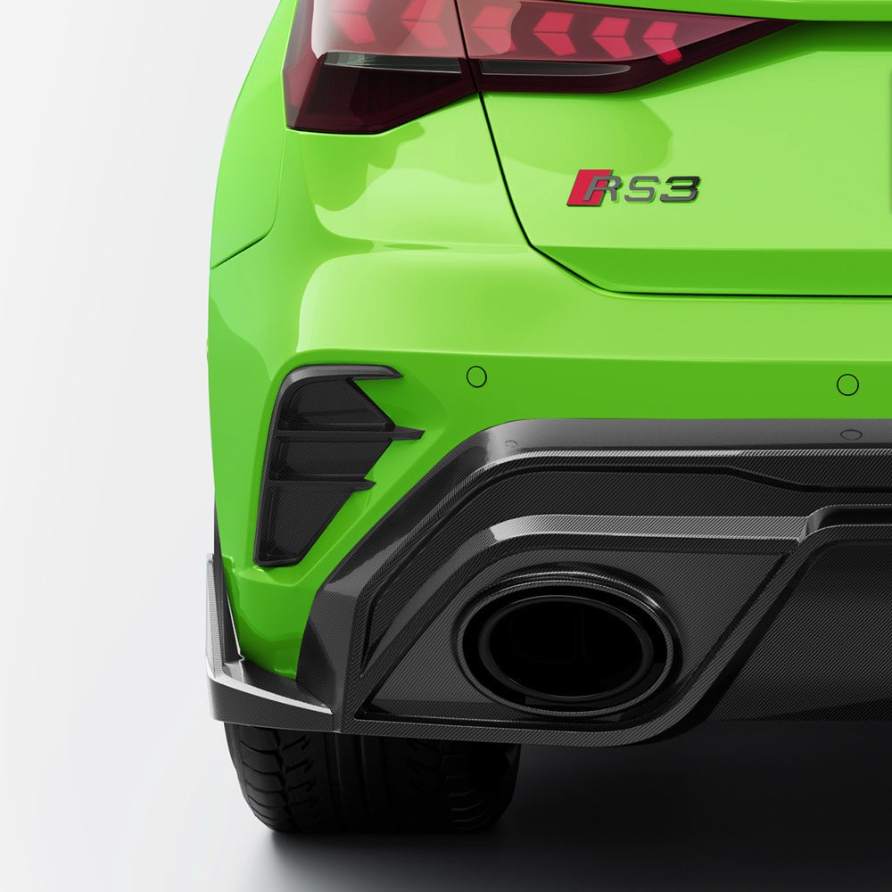 SOOQOO carbon fibre rear bumper inserts kit set for Audi RS3 (8Y), studio view