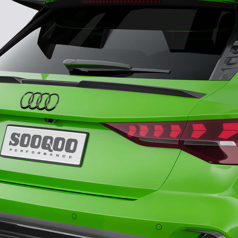 SOOQOO carbon fibre rear spoiler on Audi RS3 (8Y), boot line close-up detail