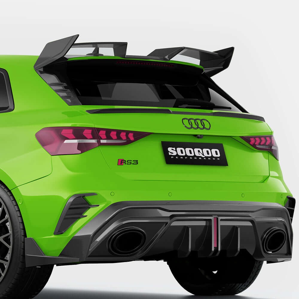SOOQOO carbon fibre rear spoiler installed on Audi RS3 (8Y), rear three-quarter wide view
