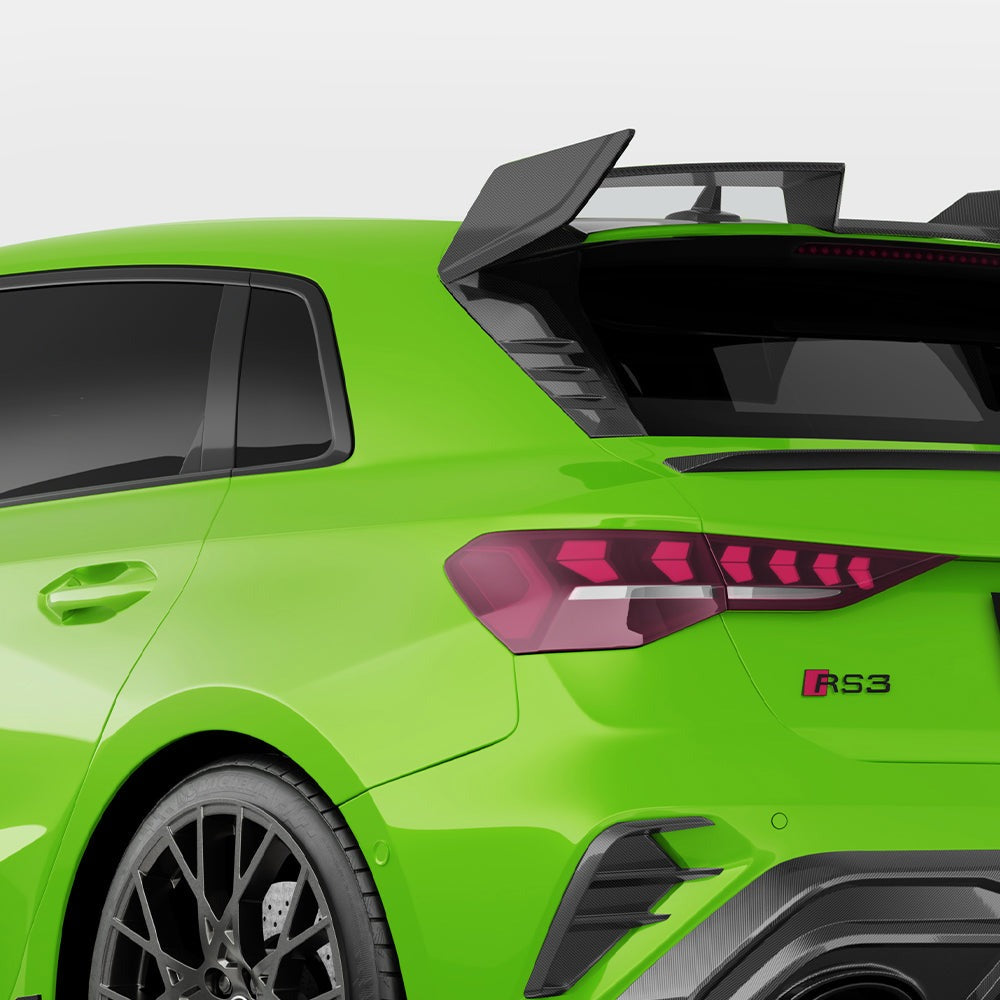 SOOQOO carbon fibre rear window fins installed on Audi RS3 (8Y), rear three-quarter view