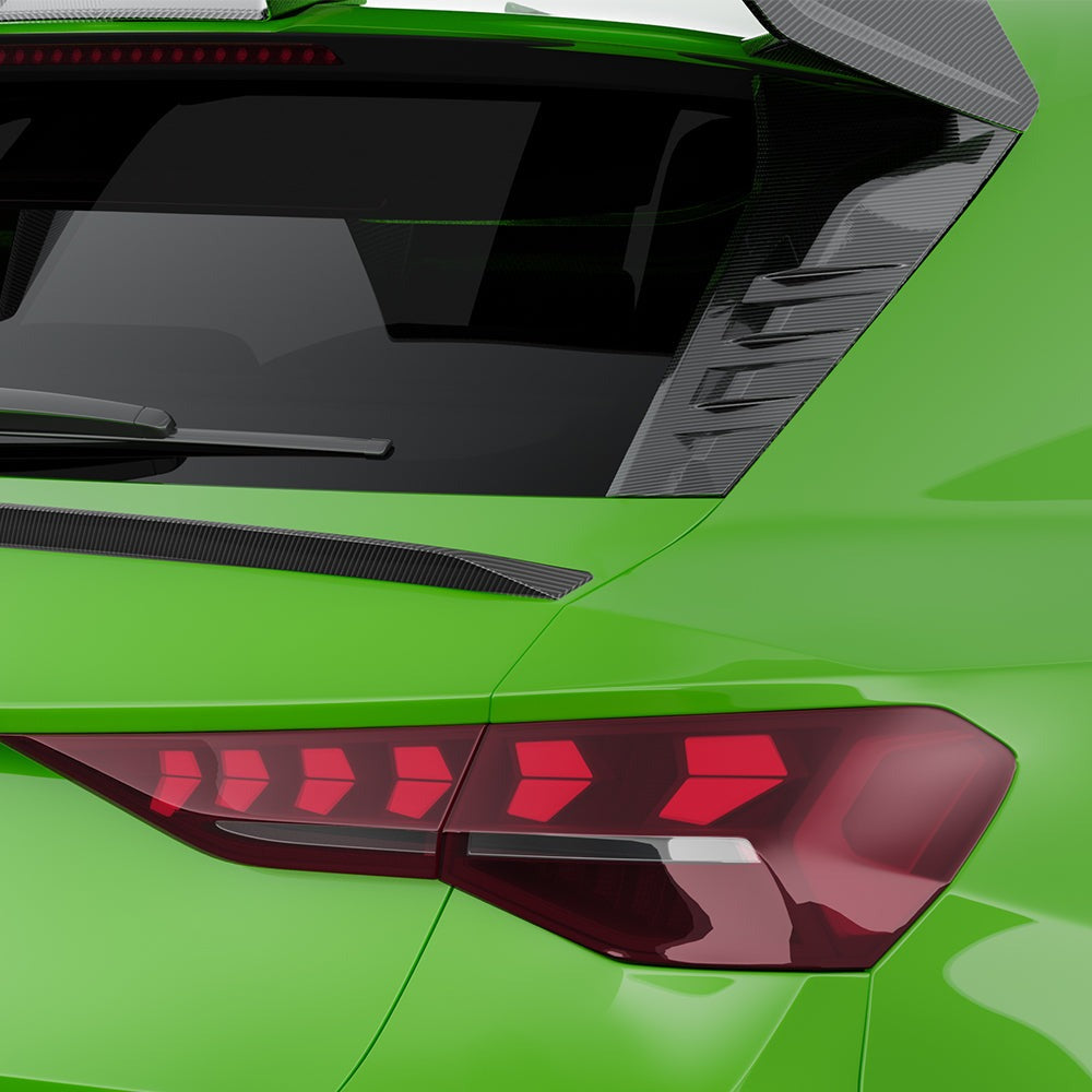 SOOQOO carbon fibre rear window fins installed on Audi RS3 (8Y), rear window angle view