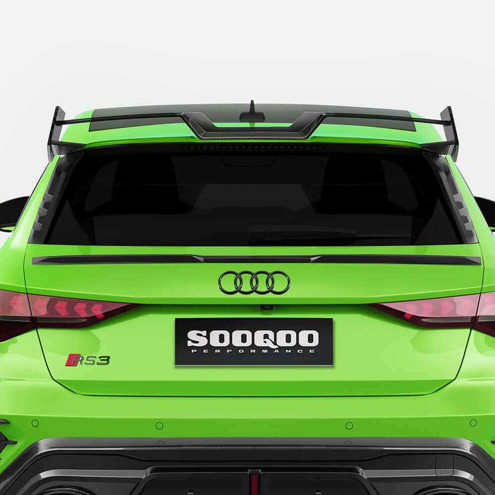 SOOQOO carbon fibre top spoiler installed on Audi RS3 (8Y), straight rear view