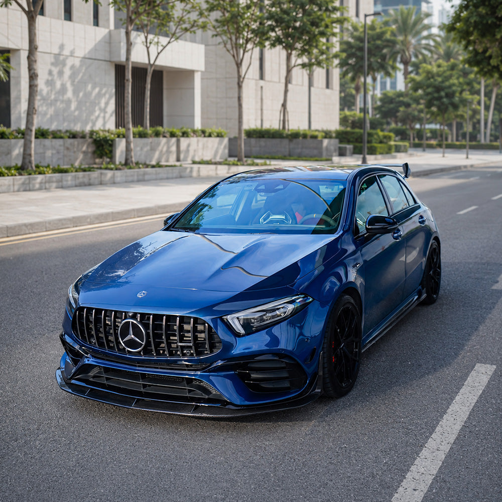Blue Mercedes-AMG A45 S W177 with carbon fibre front splitter