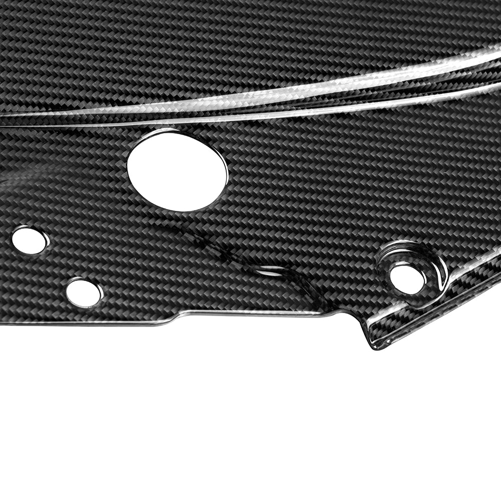 SOOQOO carbon fibre engine bay trim for BMW M2 (G87), gloss weave close-up with mounting holes