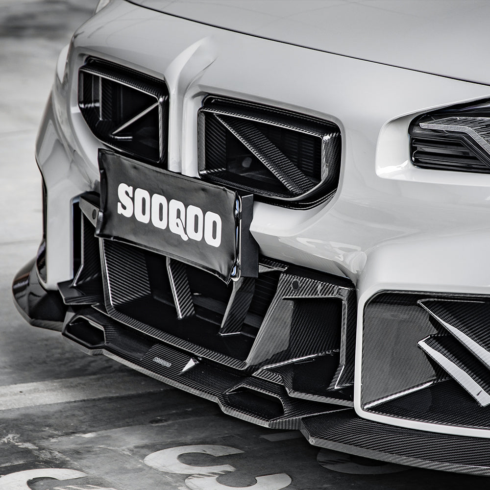 SOOQOO carbon fibre Front Splitter V1 on BMW M2 (G87), front bumper close-up detail