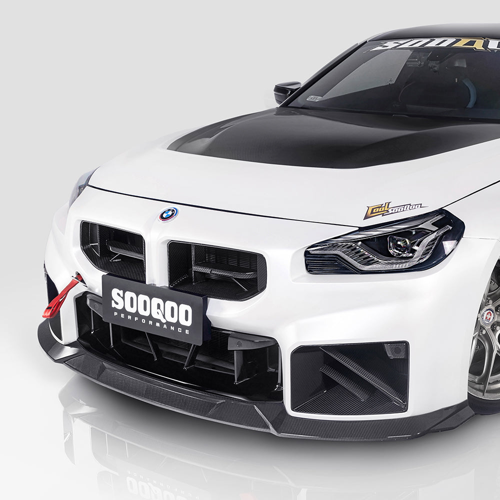 SOOQOO carbon fibre Front Splitter V3 installed on BMW M2 (G87), front three-quarter close-up