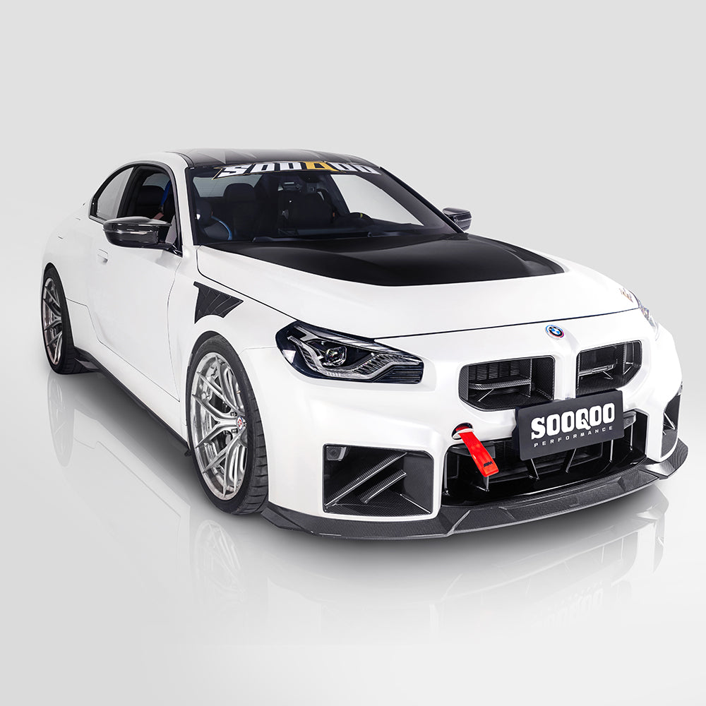 SOOQOO carbon fibre Front Splitter V3 on BMW M2 (G87), front three-quarter studio view