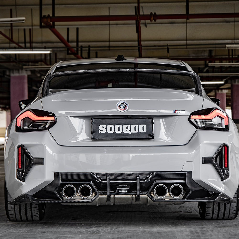 SOOQOO carbon fibre Rear Diffuser V1 installed on BMW M2 (G87), straight rear view