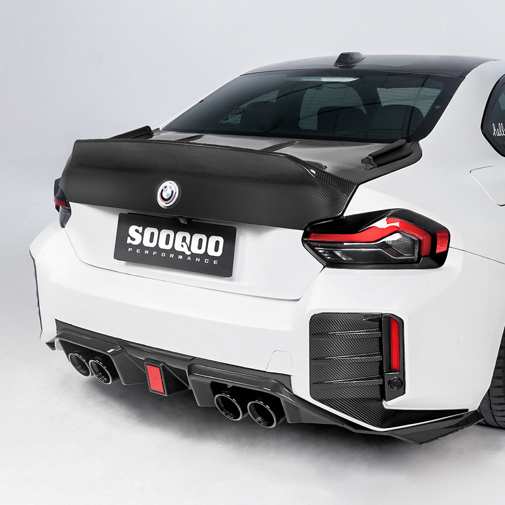 SOOQOO carbon fibre Rear Diffuser V3 installed on BMW M2 (G87), rear three-quarter view