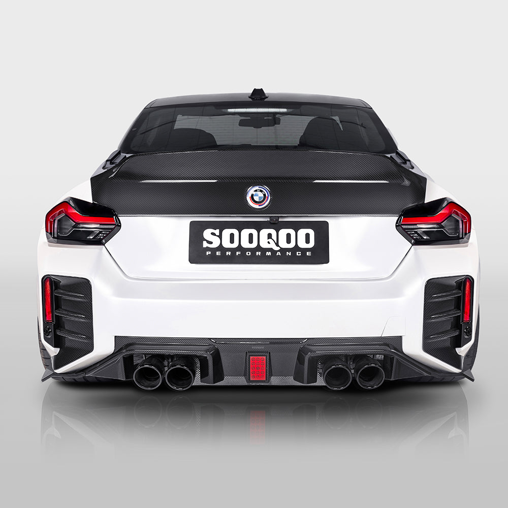 SOOQOO carbon fibre Rear Diffuser V3 installed on BMW M2 (G87), rear view with F1-style light