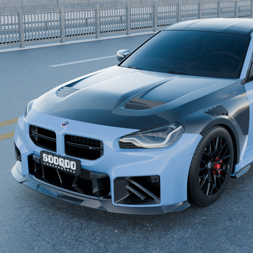 SOOQOO carbon fibre vented bonnet installed on BMW M2 (G87), front three-quarter wide view
