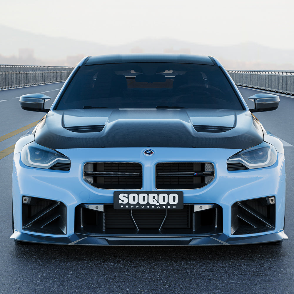 SOOQOO carbon fibre vented bonnet installed on BMW M2 (G87), straight front view