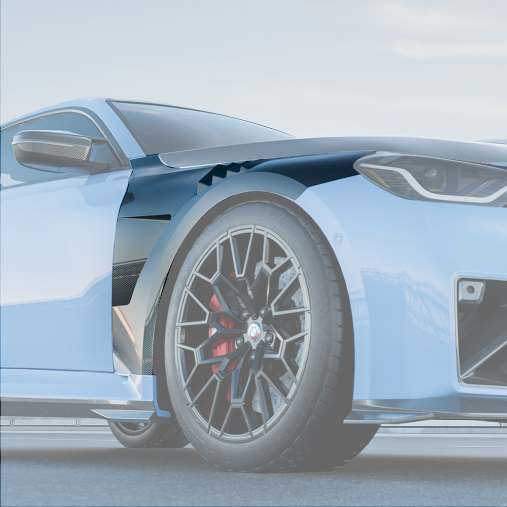 SOOQOO carbon fibre vented fenders on BMW M2 (G87), front three-quarter view