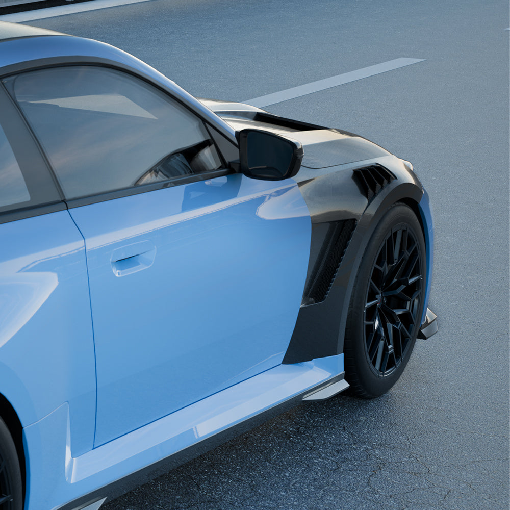 SOOQOO carbon fibre vented fenders installed on BMW M2 (G87), side angle close-up detail