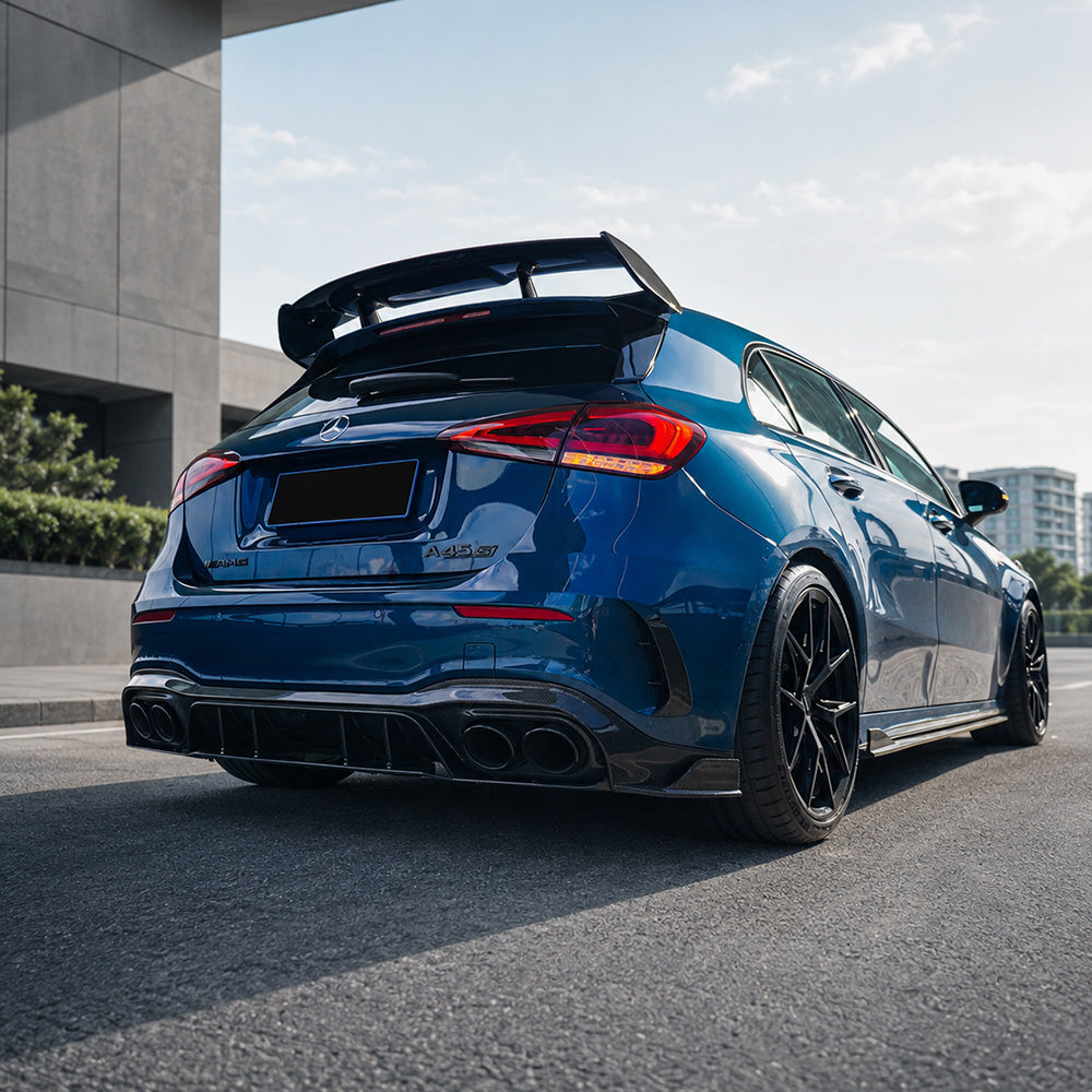 Carbon fibre rear diffuser installed on Mercedes-AMG A45 S W177 rear view