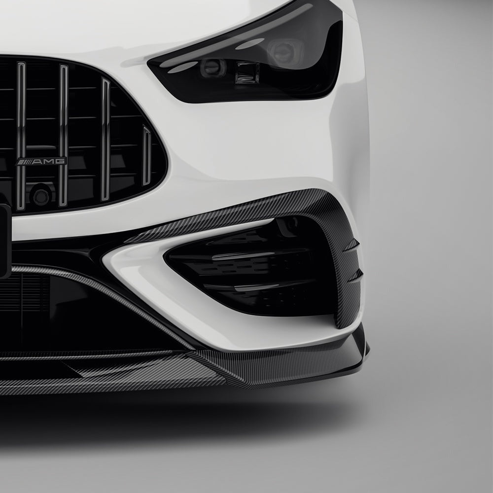 SOOQOO carbon fibre front bumper inserts on Mercedes CLE53 AMG (C236), close-up bumper corner detail