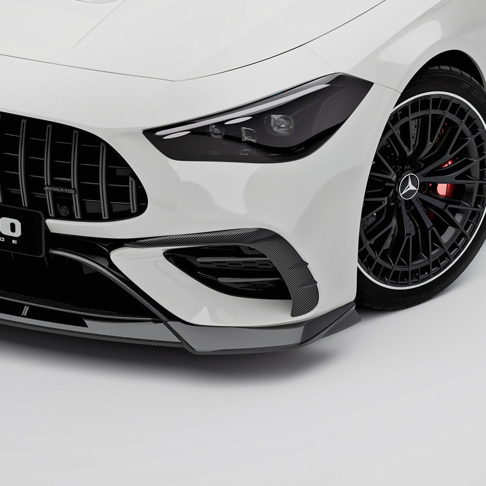 SOOQOO carbon fibre front bumper inserts installed on Mercedes CLE53 AMG (C236), wider front corner view