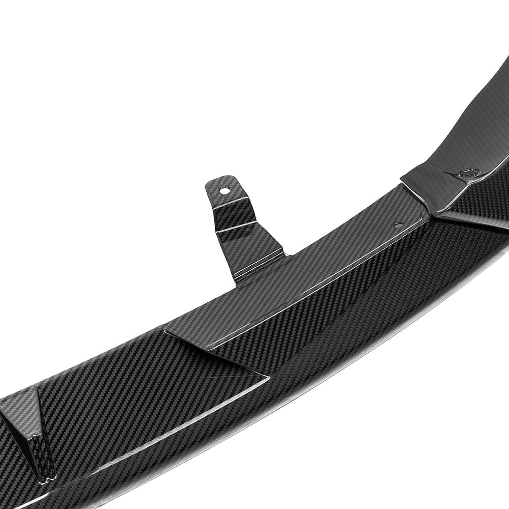 SOOQOO carbon fibre front splitter for Mercedes CLE53 AMG (C236), gloss weave close-up with mounting tab