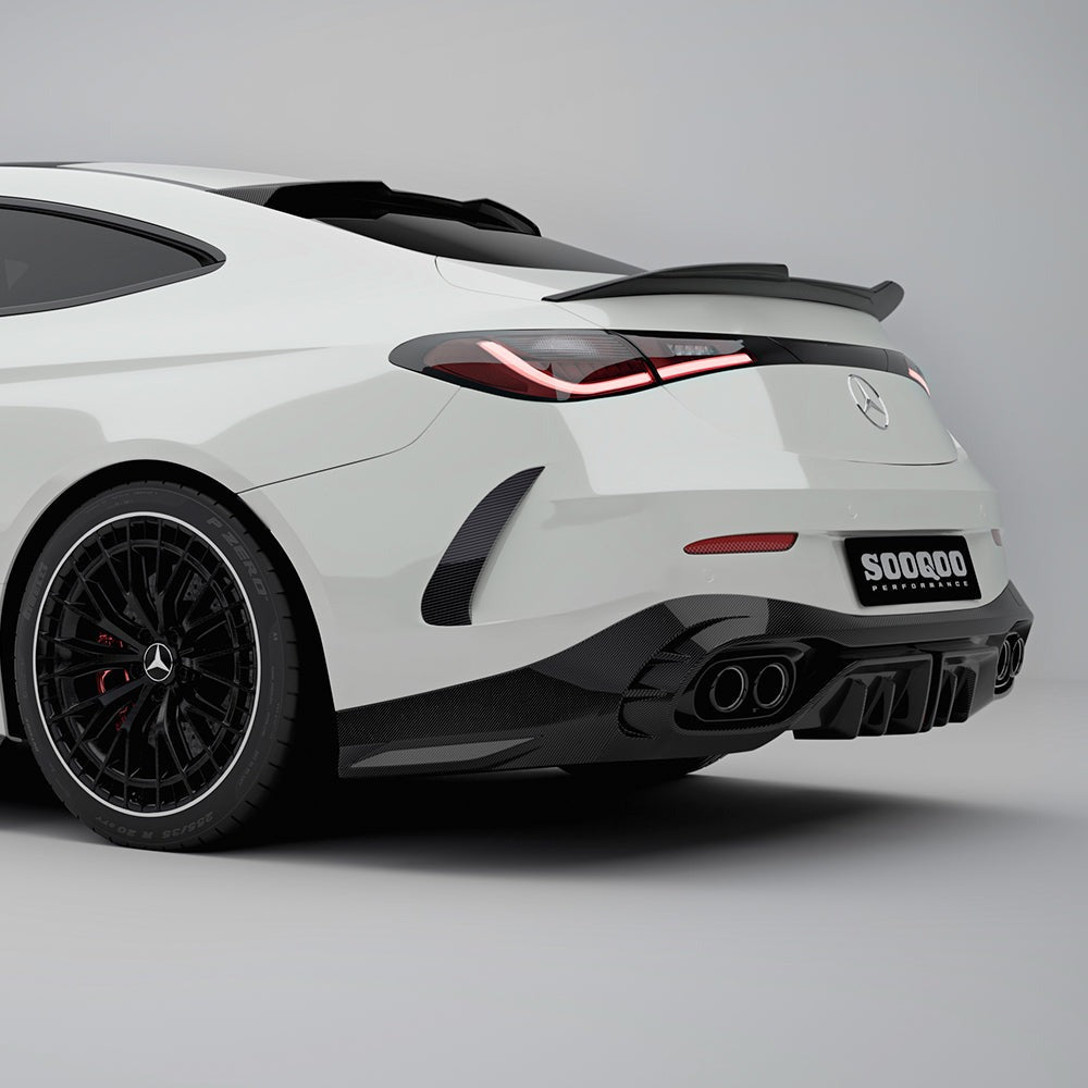 SOOQOO carbon fibre rear diffuser on Mercedes CLE53 AMG (C236), rear three-quarter view