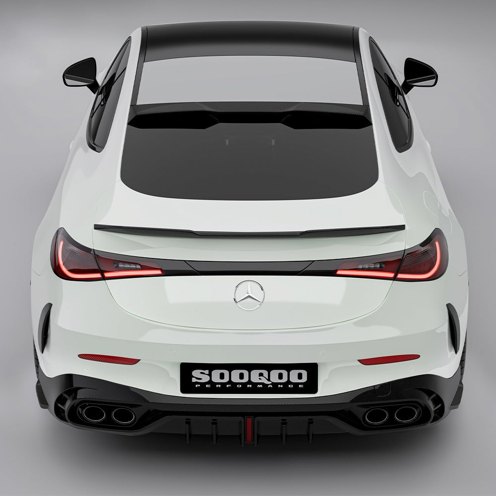 SOOQOO carbon fibre rear diffuser installed on Mercedes CLE53 AMG (C236), rear top-down view