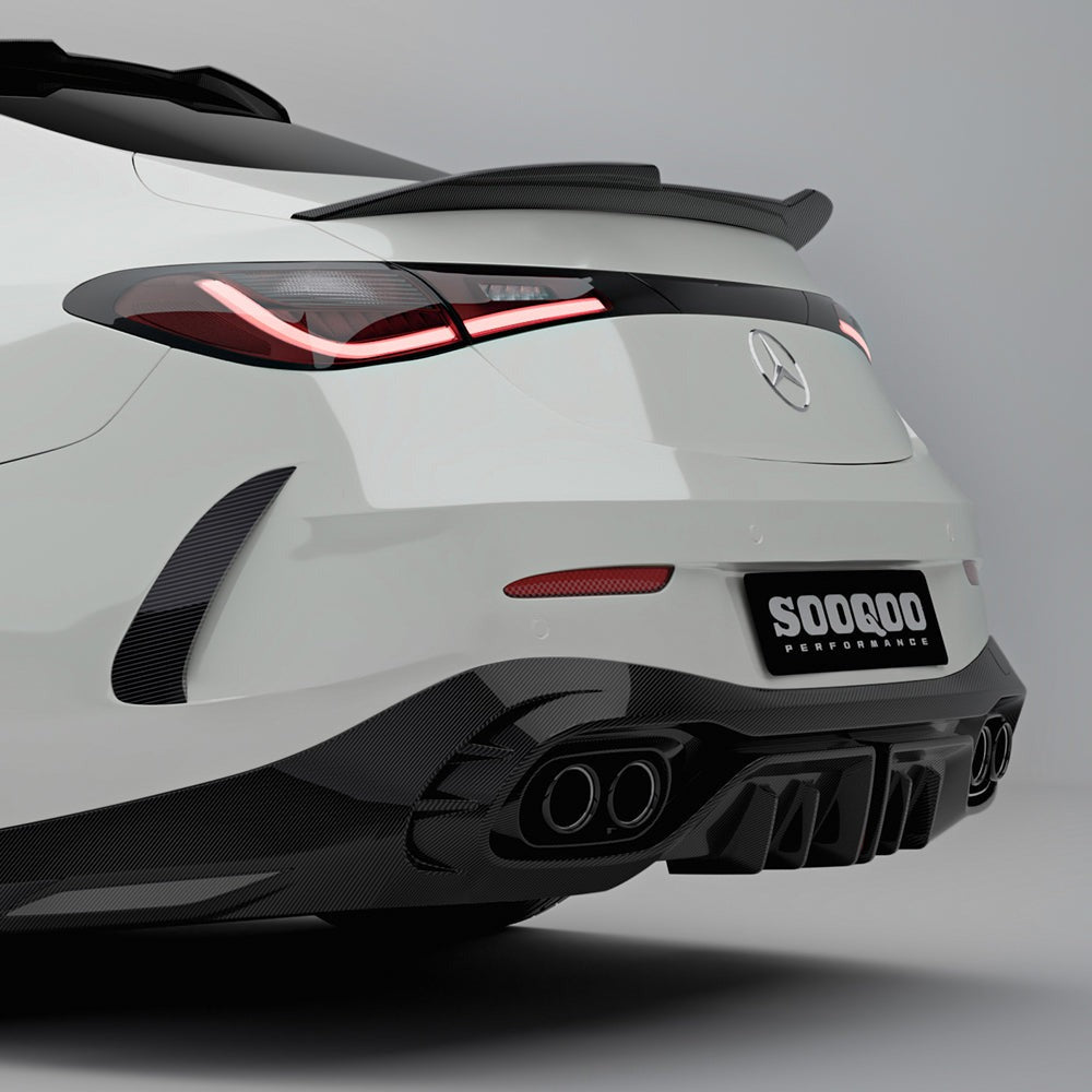 SOOQOO carbon fibre rear spoiler installed on Mercedes CLE53 AMG (C236), rear three-quarter view