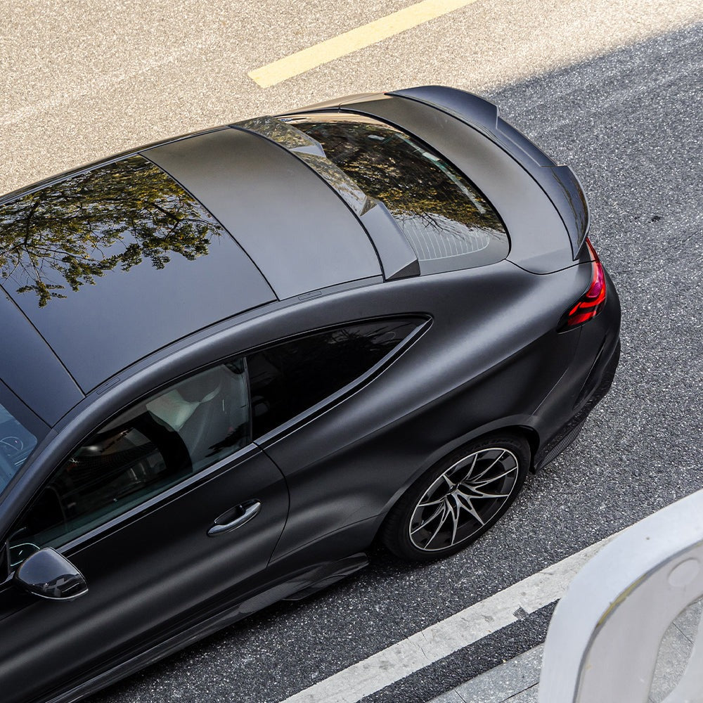 SOOQOO carbon fibre roof spoiler installed on Mercedes CLE53 AMG (C236), top-down view