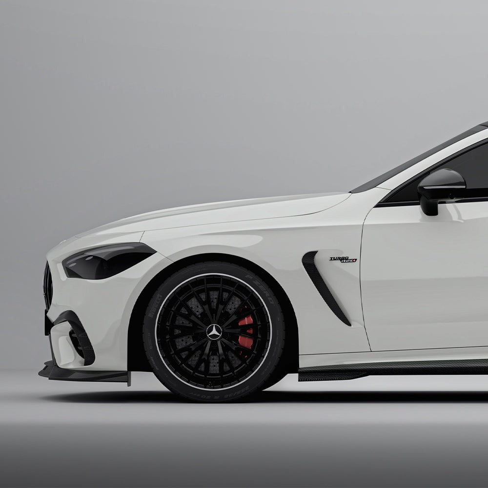 SOOQOO carbon fibre side skirts on Mercedes CLE53 AMG (C236), front wheel close-up detail