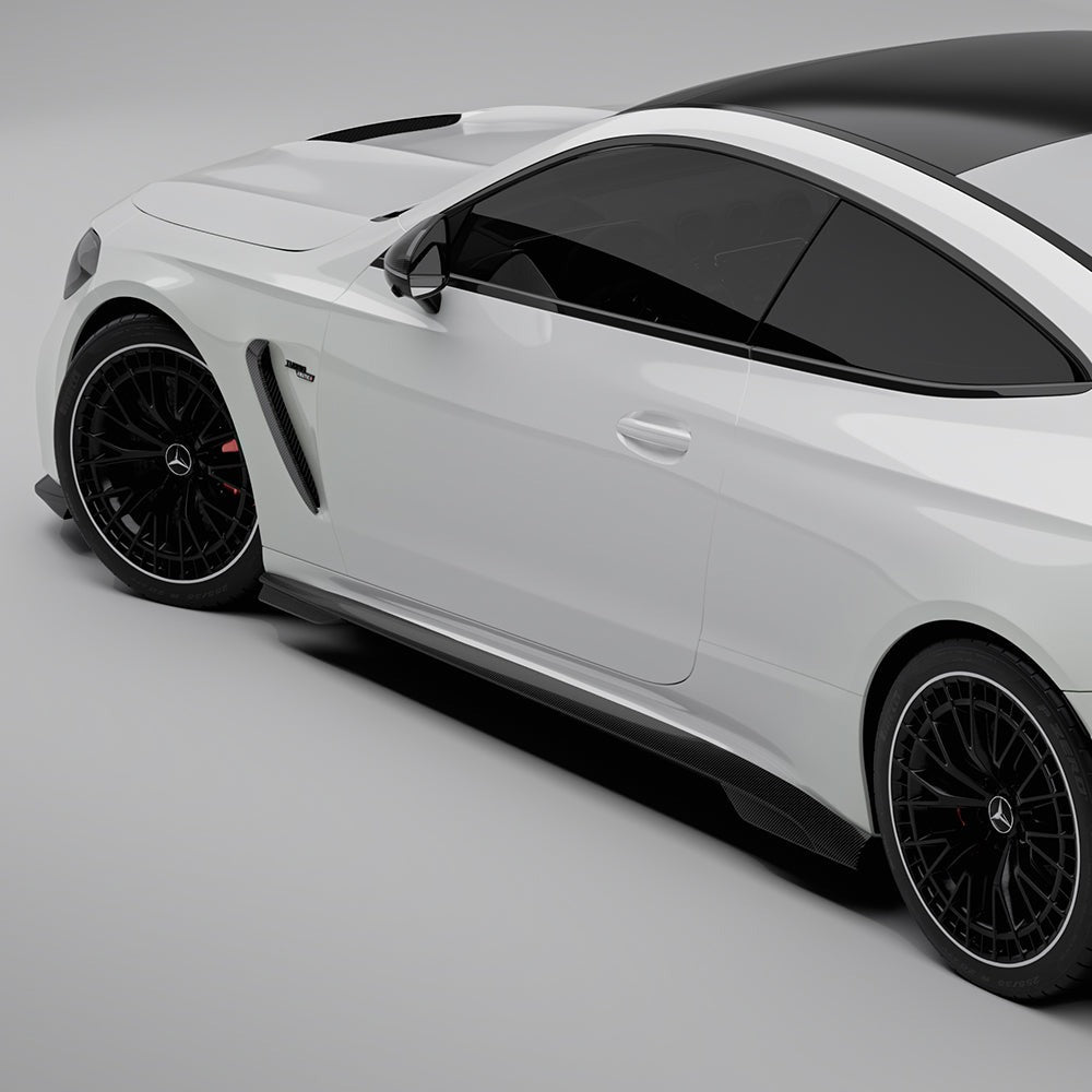 SOOQOO carbon fibre side skirts installed on Mercedes CLE53 AMG (C236), rear three-quarter view