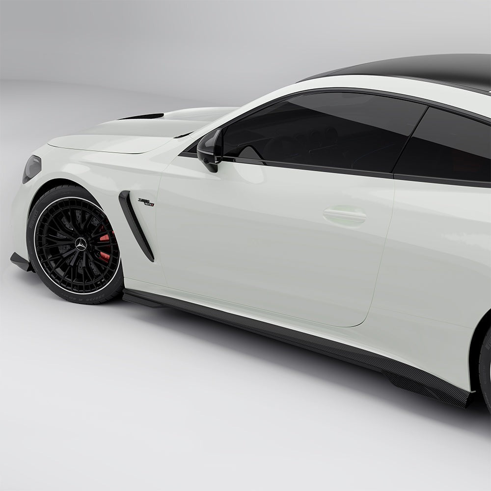 SOOQOO carbon fibre side skirts installed on Mercedes CLE53 AMG (C236), side profile view