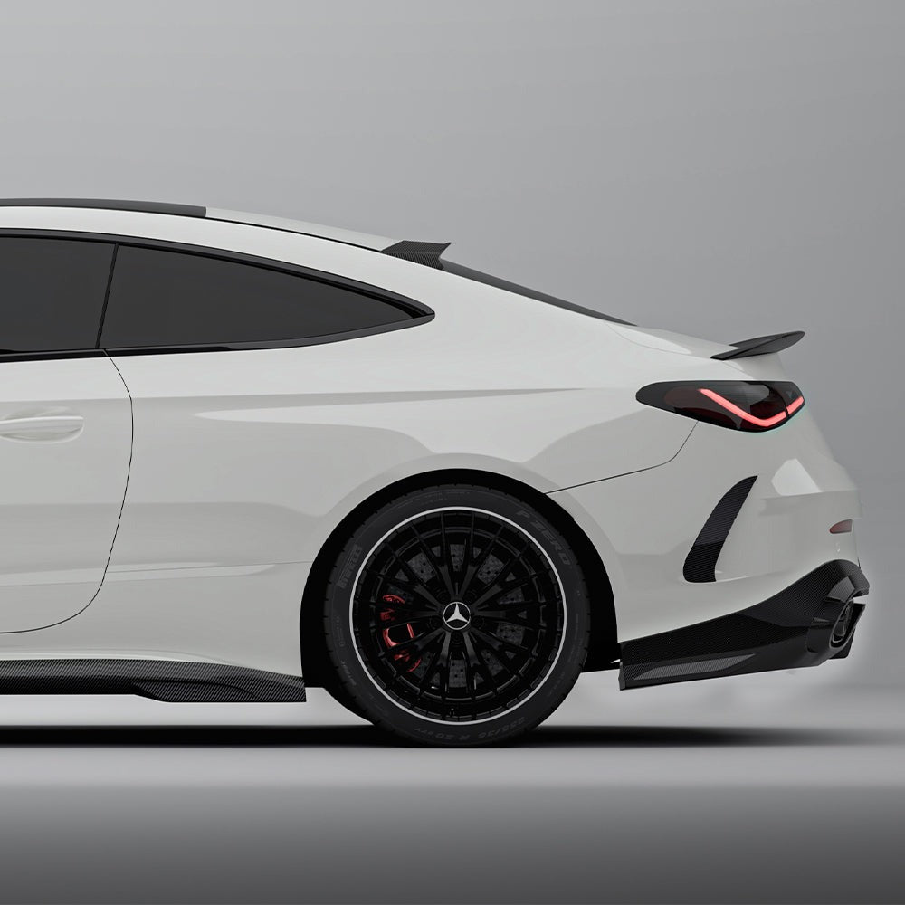 SOOQOO carbon fibre side skirts installed on Mercedes CLE53 AMG (C236), side rear quarter view