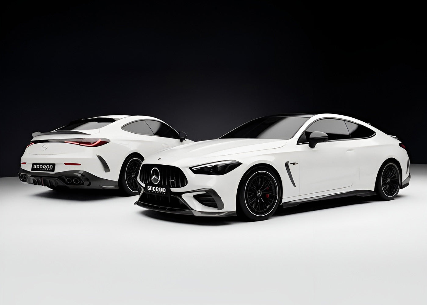 Mercedes CLE53 Sooqoo carbon fibre kit shown front and back