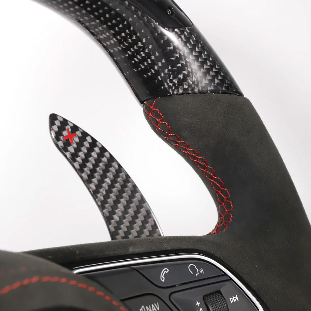 Close-Up of Custom Carbon Fibre Steering Wheel for Audi RS B9 Style