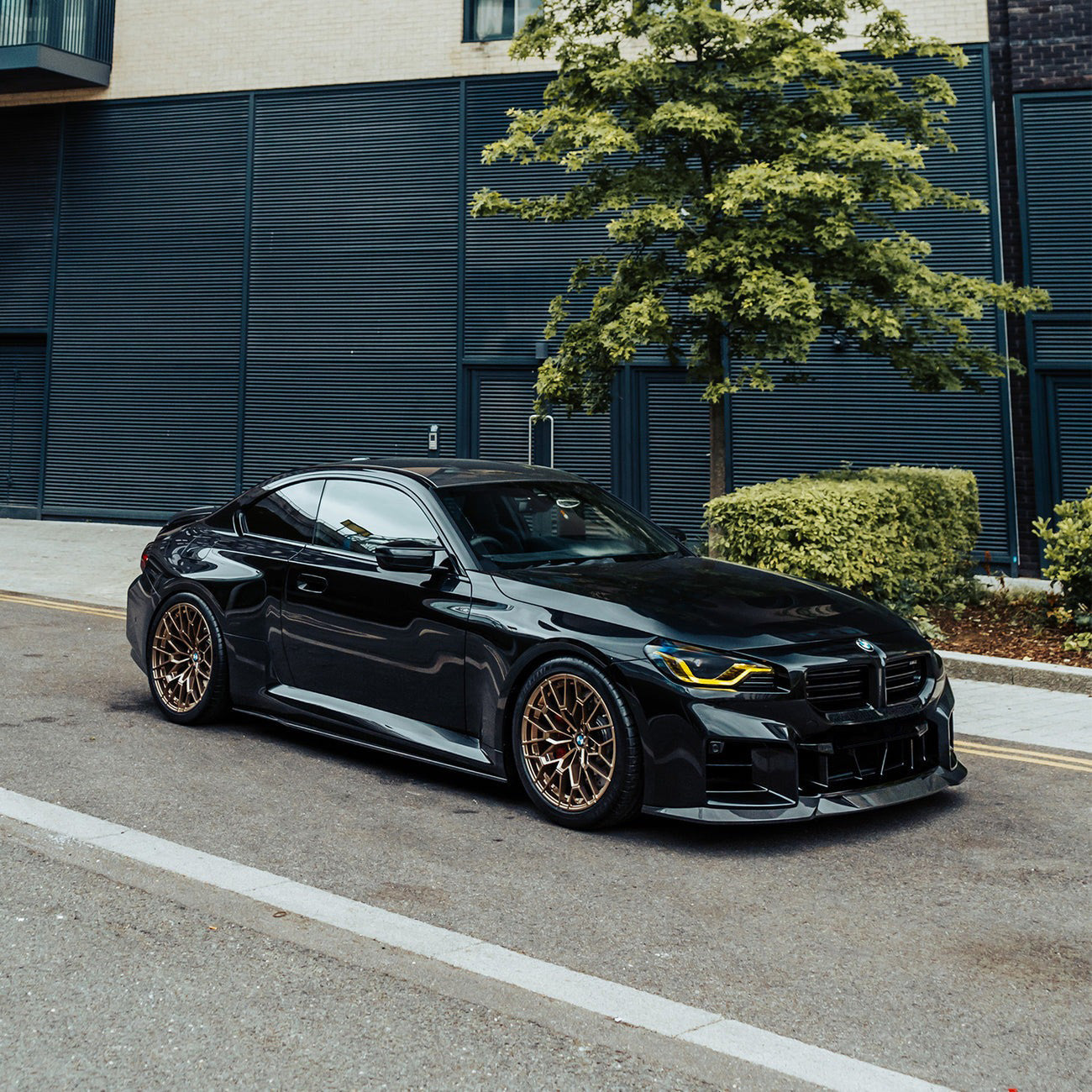 Side View of Installed CSL Yellow DRL Modules on BMW M2 G87