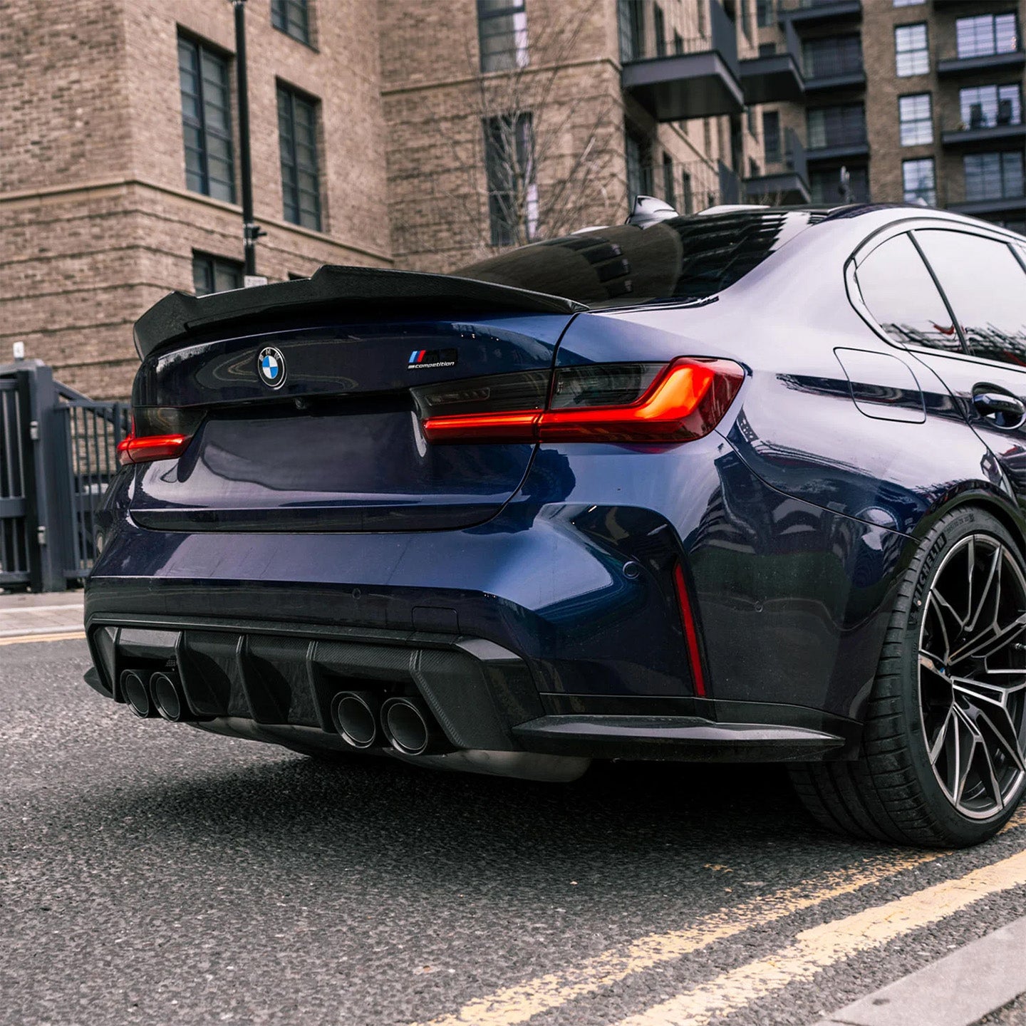 BMW M3 G80 with Carbon Fibre Ducktail Rear Spoiler Installed - Rear View