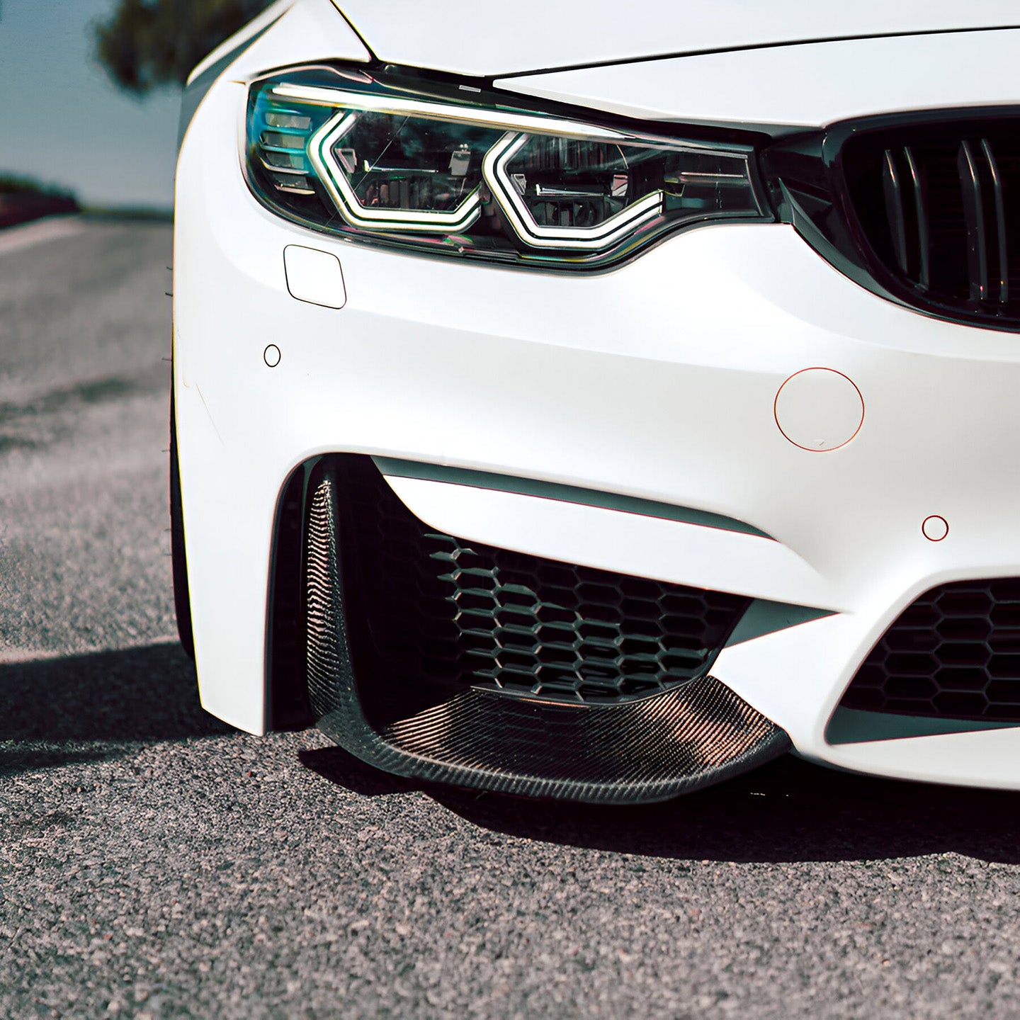 BMW M3 F80 with Carbon Fibre Front Bumper Splitters Installed - Front View Close-Up