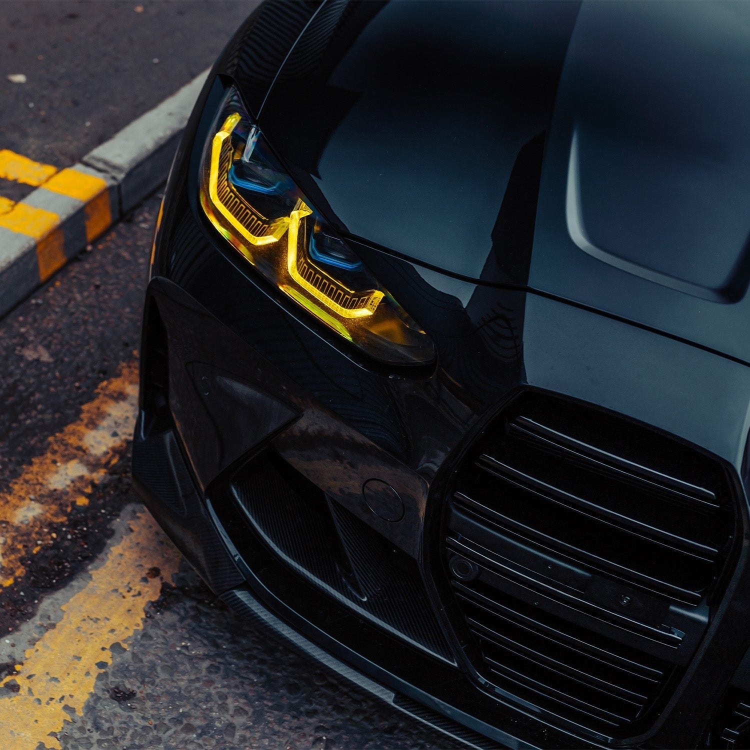Side View of CSL Yellow DRL Modules Installed on BMW M4 G83