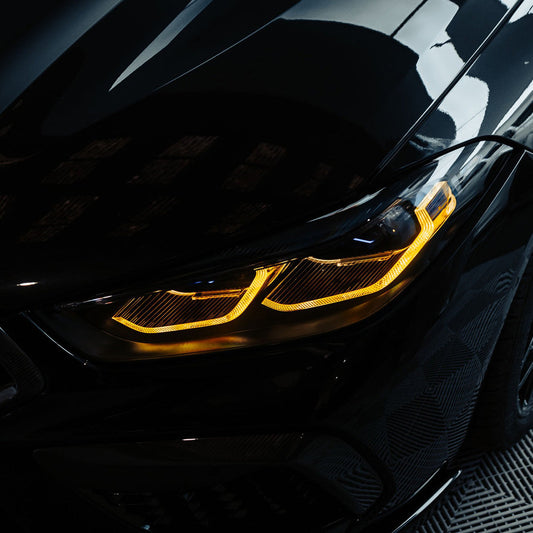 Close-Up of CSL Yellow DRL Modules on BMW M8 F91/F92/F93