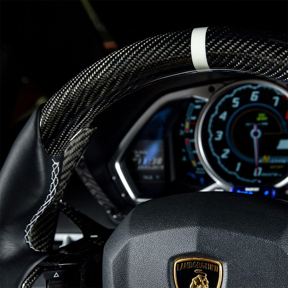 Close-Up of Custom Carbon Fibre Steering Wheel for Lamborghini Aventador