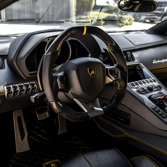 Side View of Lamborghini Aventador Custom Carbon Fibre Steering Wheel Installed