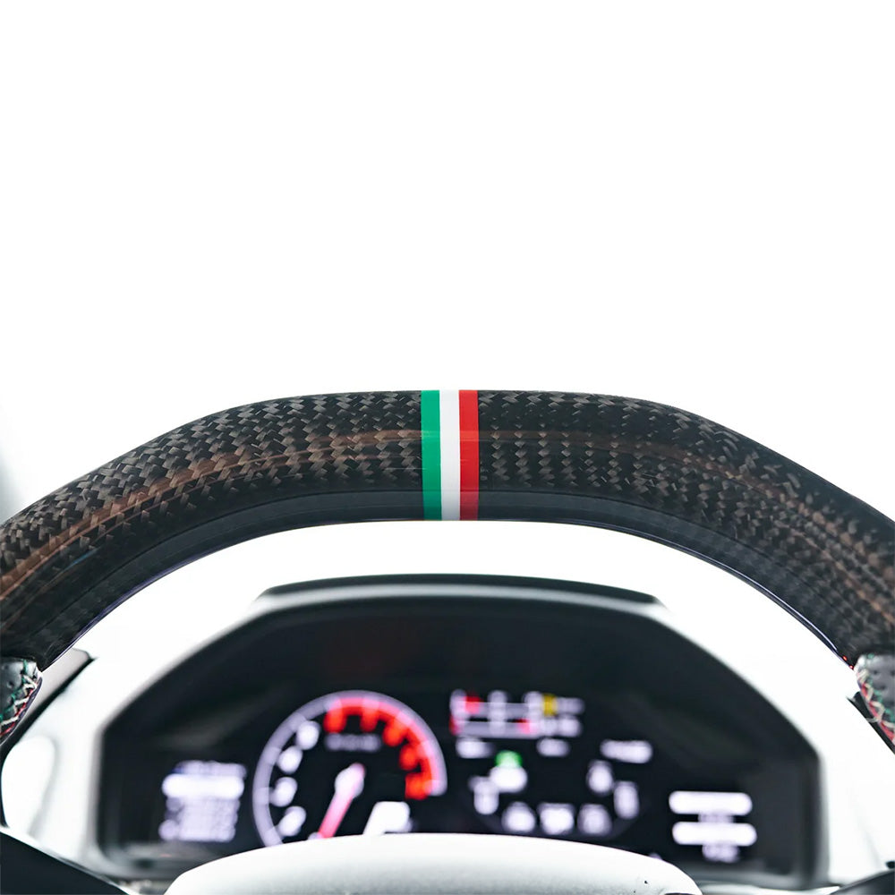 Close-Up of Custom Carbon Fibre Steering Wheel for Lamborghini Huracan