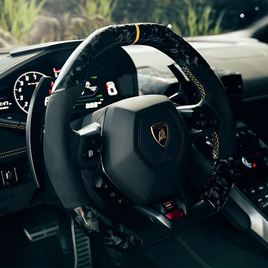 Side View of Lamborghini Huracan Custom Carbon Fibre Steering Wheel Installed