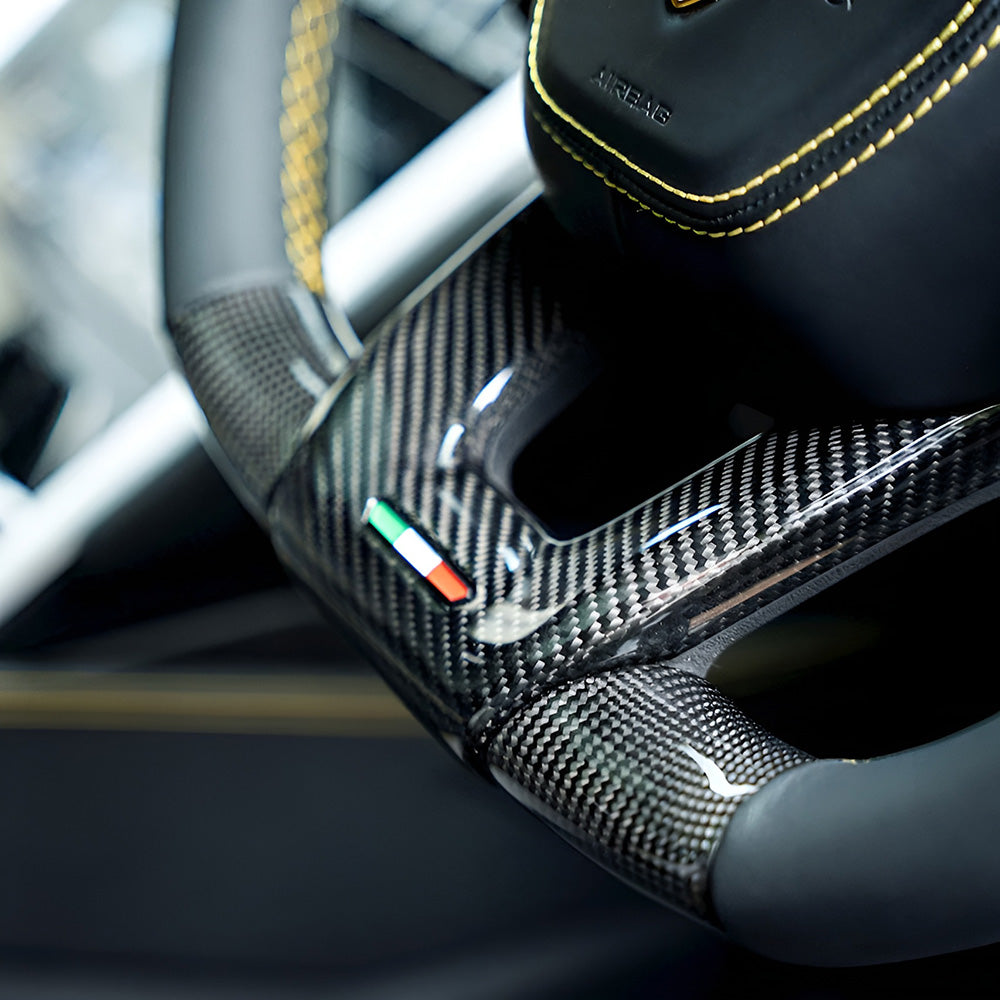 Close-Up of Custom Carbon Fibre Steering Wheel for Lamborghini Urus