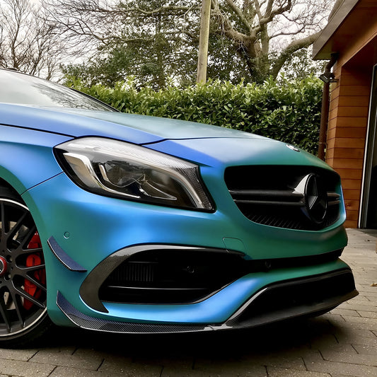 Mercedes A45 W176 with Carbon Fibre OEM Front Splitter Installed - Side View