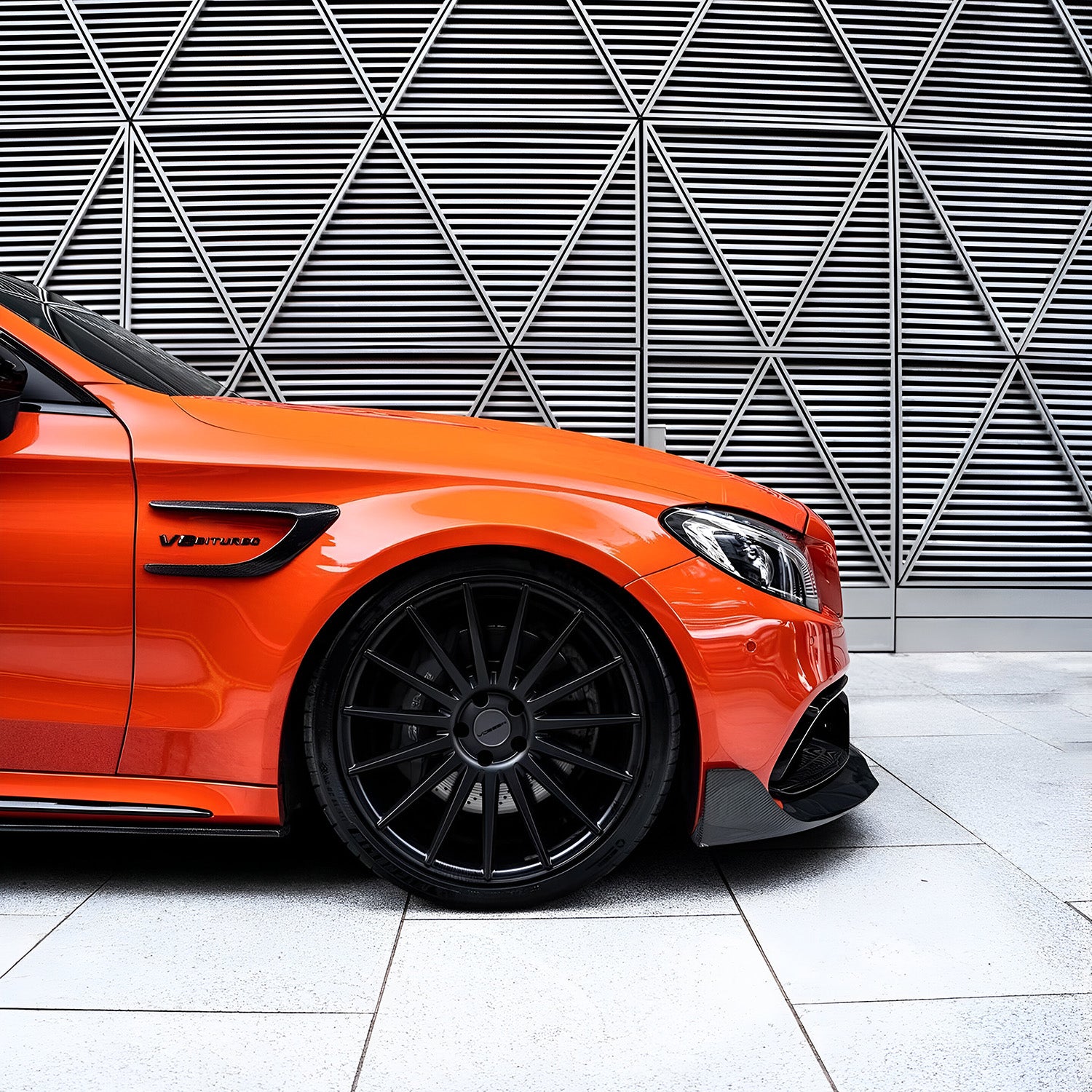 Side View of Mercedes C63 AMG W205 with Carbon Fibre Fender Trim Installed