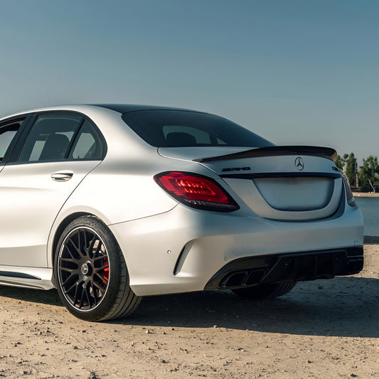 Side View of Mercedes C63 AMG W205 Saloon with Carbon Fibre Ducktail Rear Spoiler Installed