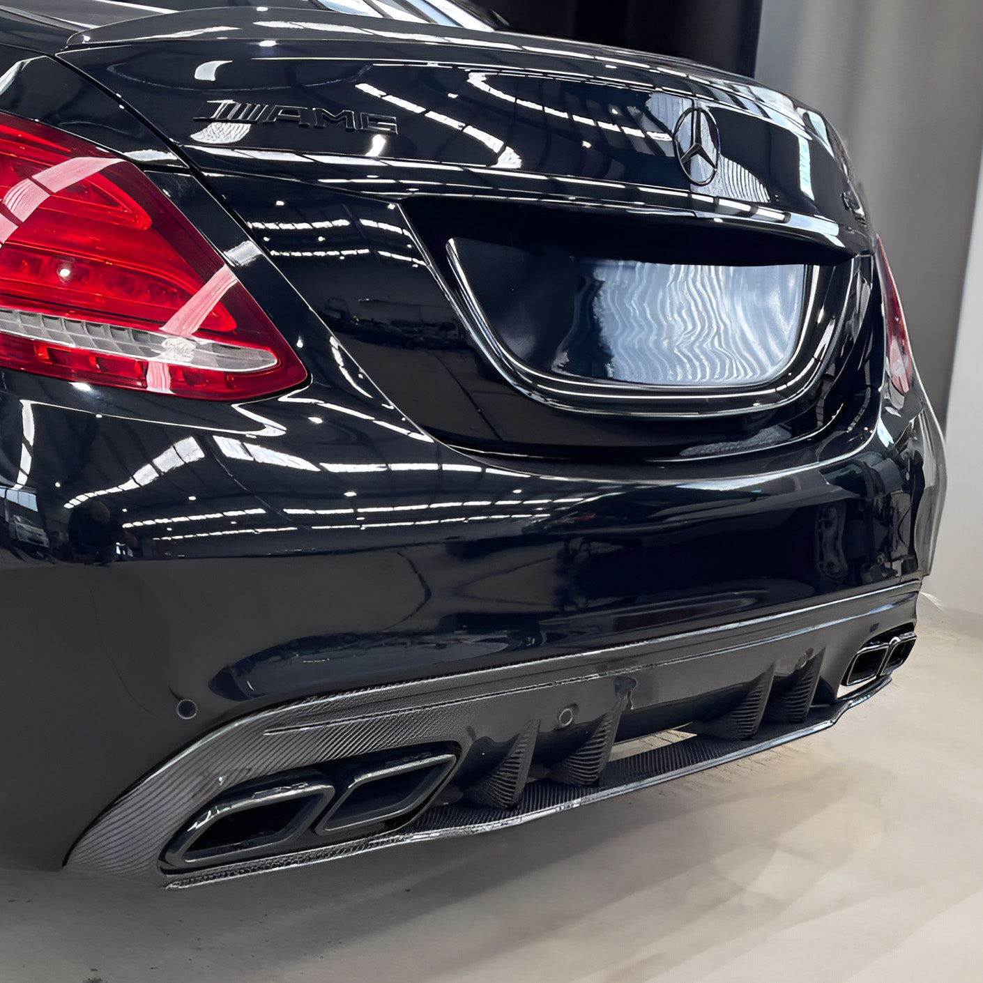 Side View of Mercedes C63 AMG W205 Saloon with Carbon Fibre Edition 1 Rear Diffuser Installed